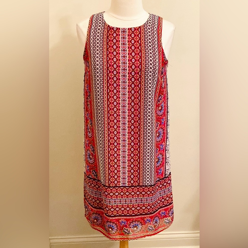 Tacera Red Blue Cream Geometric Print SZ S Retro Mod Classic Preppy Lined Dress